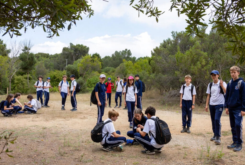 קבוצת ילדים בבגדי ספורט כחולים לבנים יושבים ומדברים במעגל בשטח טבעי מוקף עצי זית, פעילות חינוכית חווייתית על אחריות אזרחית וערבות הדדית בחברה הישראלית, סדנה למקום האישי במדינה.