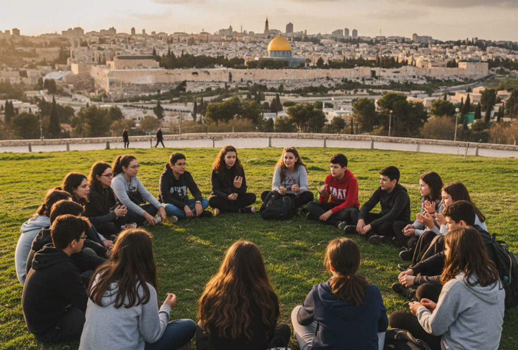 קבוצת נוער ישראלי יושב במעגל על דשא ירוק בשקיעה, מנהל שיח עמוק מול נוף ירושלים העתיקה עם כיפת הסלע וחומות העיר, סדנה חווייתית על ציונות, אהבת הארץ, זהות ושייכות.