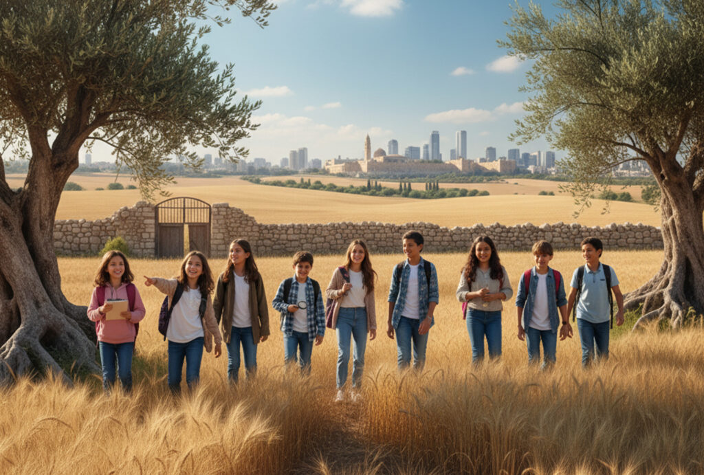 קבוצת ילדים מגוונים הולכים בשדה חיטה זהובים, מול שער אבן עתיק ועצי זית, עם נוף ירושלים ברקע, כולל כיפת הסלע. מסע חווייתי לשורשים יהודיים וישראליים, חינוך ערכי לזהות ושייכות.